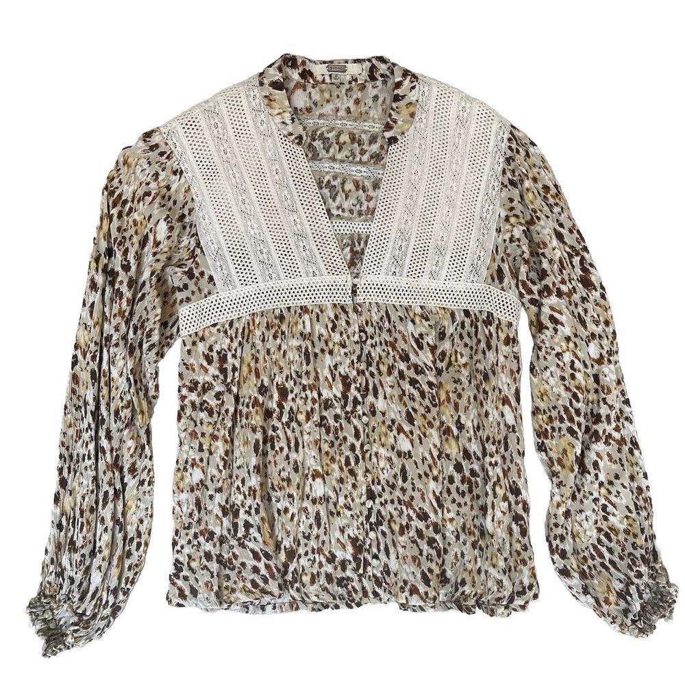 Gimmicks BKE Buckle Shirt Womens Small Brown Animal Print Peasant Boho Hippie